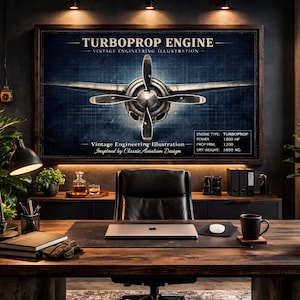 May include: An office interior featuring a framed vintage turboprop engine illustration. The dark wooden desk holds a laptop, coffee cup, and globe. The room has a classic design. The print includes the engine's power at 1800 HP.