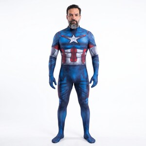 May include: A full-body Captain America costume in shades of blue, white, and red. The costume features a star on the chest and a design mimicking the character's iconic uniform. Includes gloves and a high collar.