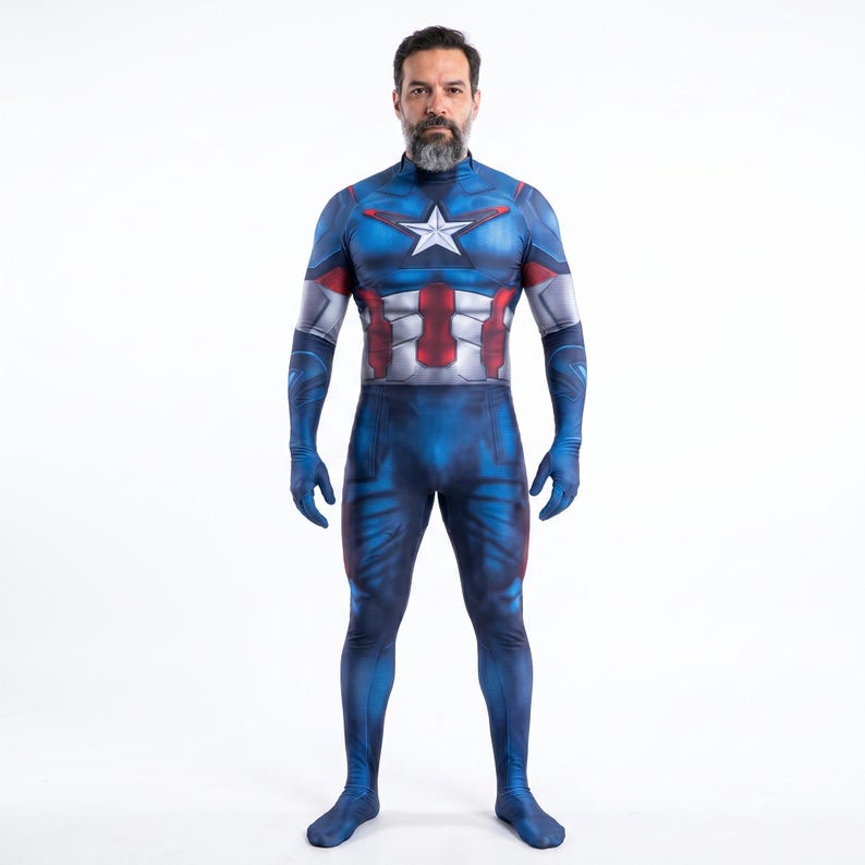 May include: A full-body Captain America costume in shades of blue, white, and red. The costume features a star on the chest and a design mimicking the character's iconic uniform. Includes gloves and a high collar.