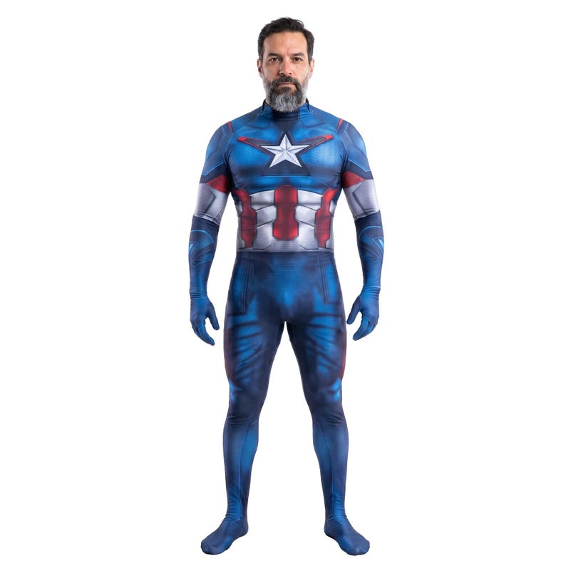 May include: A full-body Captain America costume in shades of blue, red, and white. The costume features a white star on the chest, red and white stripes, and blue gloves and boots. The person is standing against a white background.