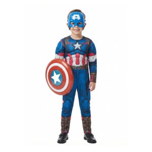 May include: A child's Captain America costume, featuring a blue and red jumpsuit, a mask, and a shield. The shield is red, white, and blue with a white star in the center. The costume has a star on the chest.