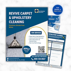 May include: A blue and white marketing flyer for carpet and upholstery cleaning services. The flyer features text including Revive Carpet & Upholstery Cleaning, a list of services, a QR code for booking, and contact information with a phone number.