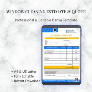 May include: A digital tablet displays a window cleaning estimate template. The template includes fields for client information, service descriptions, and pricing. Text on the screen reads "WINDOW CLEANING ESTIMATE & QUOTE" and "Professional & Editable Canva Template."