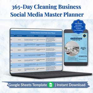Puede incluir: Un planificador digital 365-Day Cleaning Business Social Media Master Planner mostrado en la pantalla de una computadora portátil y una tableta. El planificador incluye columnas para día, pilar de contenido, tema, titular y llamada a la acción.