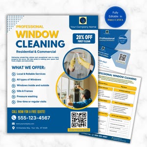 Marketingpakket voor ramenreiniging, flyer voor ramenreinigers, klantenkaart, prijslijst voor schoonmaakdiensten, factuur, Canva-sjabloon