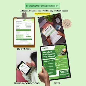 Peut inclure: Un kit complet pour entreprise d'aménagement paysager comprenant un formulaire de devis, des conditions générales et un flyer. Le flyer propose une réduction de 20% et inclut des services tels que la tonte de pelouse et l'élagage.