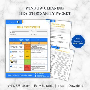 Puede incluir: Un paquete de salud y seguridad para limpieza de ventanas que incluye un formulario de evaluación de riesgos con una tabla codificada por colores, una declaración de métodos y documentos de salud y seguridad con campos de texto.