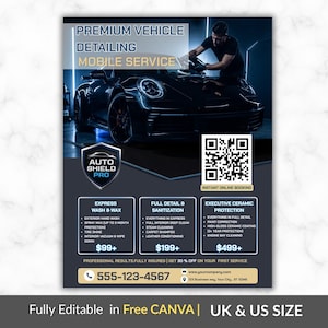 May include: A flyer for a mobile vehicle detailing service titled Premium Vehicle Detailing Mobile Service. It features a black sports car, a QR code for booking, and lists three service packages: Express Wash & Wax, Full Detail & Sanitization, and Executive Ceramic Protection with pricing starting at $99, $199, and $499.