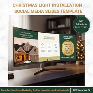May include: A computer monitor displaying a Christmas light installation social media slides template. The screen features text including Holiday Lighting Booking Now Open, Why Choose Our Holiday Lighting, and Limited Slots Available with a gold badge.