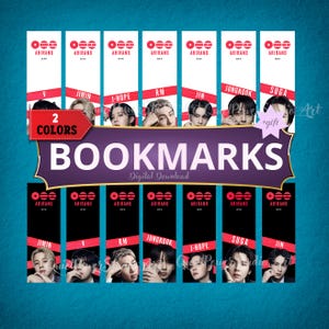 Può includere: Segnalibri con immagini dei membri del gruppo musicale. I segnalibri sono rossi e neri, con la parola "ARIRANG" e i nomi dei membri. Il testo "2 COLORS" e "BOOKMARKS" è anch'esso visibile.
