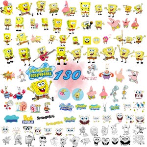 May include: A collection of 130 PNG and SVG images featuring the character SpongeBob SquarePants and related characters. The images include various poses and expressions of SpongeBob, along with other characters from the show, in both color and black and white.