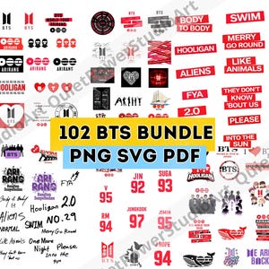 Puede incluir: Una colección de gráficos con temática BTS, que incluye logotipos, diseños de texto e ilustraciones. Los diseños presentan varios colores y estilos, con texto como "BTS", "Hooligan" y "Swim". El paquete incluye formatos PNG, SVG y PDF.