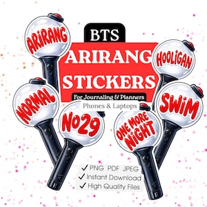以下が含まれることがあります： 「Arirang」「Hooligan」「Normal」などのフレーズが書かれたBTS Arirangステッカーのコレクション。ステッカーは、ジャーナリング、プランナー、携帯電話、ラップトップ向けに設計されています。画像には「No29」「One More Night」という文字とファイルの種類情報も含まれています。