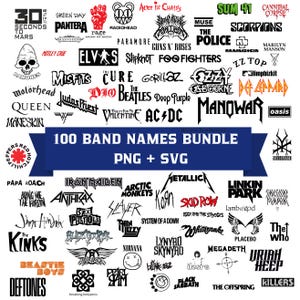Op de afbeelding: Een bundel van 100 bandnamen in PNG- en SVG-formaten. De afbeelding toont logo's van verschillende rock- en metalbands, waaronder AC/DC, Metallica, Nirvana en The Beatles, met een donkerblauwe banner met de tekst "100 Band Names Bundle PNG + SVG."