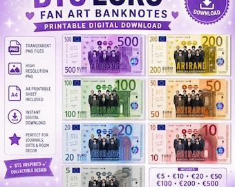 Conjunto de artículos gratuitos de Kpop B-T-S en euros, billetes de euro imprimibles, dinero para fans OT7, billetes de euro con arte de fans (descarga digital)