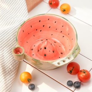 Handmade Watermelon Ceramic Berry Washing Bowl, Vortex Fruit Colander, Cottagecore Kitchen Decor, Birthday Gift for Mom