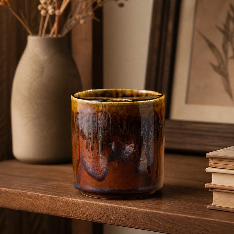 May include: A ceramic, cylindrical vase with a glossy, glazed finish. The vase features a blend of brown and amber tones with a dripped glaze effect. It sits on a wooden shelf, with a neutral-toned vase and framed artwork in the background.