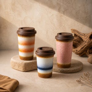 Pode incluir: Três canecas de viagem de cerâmica com tampas castanhas. Uma caneca tem listras laranja e brancas, outra tem listras azuis e brancas, e a terceira tem salpicos rosa e brancos. Todas as canecas têm uma base castanha.