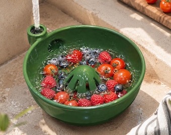 Keramische bessenwaskom met afvoergaten, handgemaakte fruitwasmachine, wervelbessenkom, keramisch vergiet, bosbessenzeef
