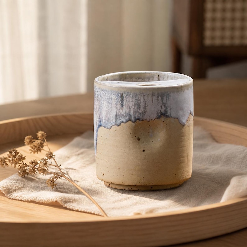 May include: A cylindrical ceramic toothbrush holder with a two-tone design. The top half is a light blue and white, while the bottom half is a tan color. The holder sits on a wooden tray with a sprig of dried flowers.