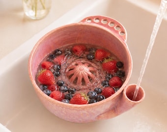 Ceramic Berry Washing Bowl, Vortex Fruit Washer, Handmade Pottery Colander with Drain Holes, Strawberry Blueberry Rinsing Bowl