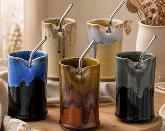 17.9 oz Handmade Ceramic Travel Cup with Straw, Pottery Tumbler, Iced Coffee Cup, Reusable Coffee Lover Gift