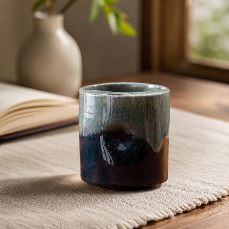 May include: A handcrafted ceramic tumbler with a glossy finish. The top half is a muted teal, transitioning to a deep navy blue and then a rich brown at the base. The cylindrical cup sits on a neutral-colored linen surface.