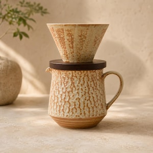 Op de afbeelding: Een keramische pour-over koffiezetapparaat set. De set bevat een getextureerde, beige kan met een handvat en een donkerbruin deksel. Een bijpassende, kegelvormige druppelaar staat bovenop het deksel. Rustieke, handgemaakte uitstraling.