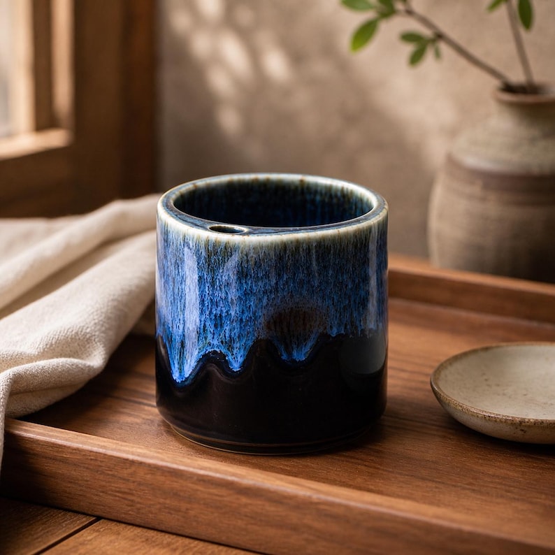 May include: A cylindrical ceramic cup with a dark blue and black glaze. The cup has a small opening at the top and sits on a wooden tray. A small, round, beige dish is next to the cup.