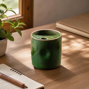 May include: A cylindrical, emerald green ceramic pen holder with a curved top and a small hole. The pen holder is on a wooden surface, with a notebook and pen in the foreground.