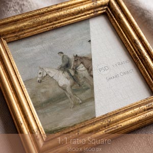 May include: A square picture frame with a distressed gold finish containing a partial print of a person riding a white horse alongside another horse. The right side of the frame displays a white grid overlay with the text PSD 1:1 RATIO SMART OBJECT.