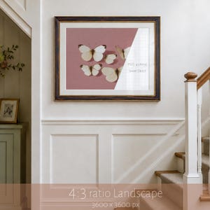 May include: A rectangular wall art print in a dark wood frame with gold trim, featuring four white butterflies on a dusty rose background. The print includes a white grid overlay with the text PSD 4:3 RATIO SMART OBJECT.