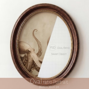 May include: An oval wooden picture frame with a dark brown finish and a thin gold inner border. The frame contains a partial illustration of an octopus on the left and a white grid overlay on the right with the text PSD OVAL RATIO SMART OBJECT.