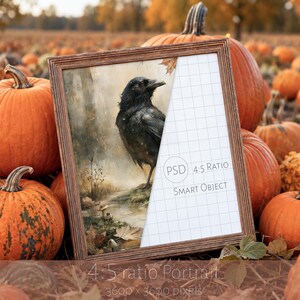May include: A wooden picture frame containing a split image showing a black crow in a rainy forest on the left and a white grid pattern on the right. The grid side features the text PSD 4:5 RATIO SMART OBJECT in black sans-serif font.