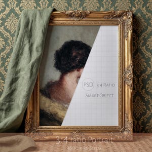 May include: An ornate gold-toned picture frame with a 3:4 ratio smart object placeholder. The frame contains a partial portrait of a person with dark hair. A sage green fabric drape hangs over the left side of the frame. Text reads PSD 3:4 RATIO.
