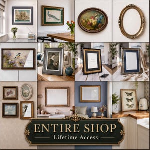 May include: A collection of various picture frames in different shapes, sizes, and finishes, including rectangular, oval, and ornate styles. The image displays multiple framed artworks, empty frames, and a central sign reading ENTIRE SHOP Lifetime Access.