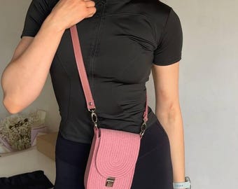 ミニマルなコットンロープのスマホ用クロスボディポーチ、調節可能なレザーストラップ付き、小型サマーショルダーポーチ、彼女へのギフト