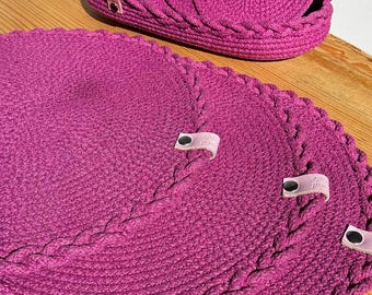 コットンコード製テーブルウェア7点セット（プレイスマット3枚、コースター3枚、バスケット1個）、丸型ロープマット、シクラメン柄ダイニングデコレーション、新築祝いギフト、手作り食器