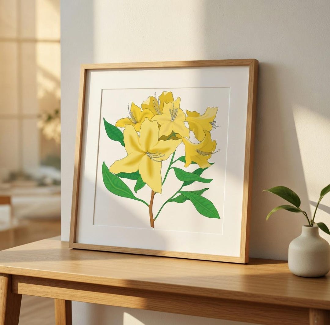 Yellow Azalea Botanical Print, Minimalist Floral Wall Art (digital ...