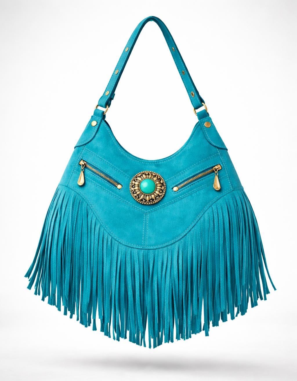 Turquoise Handmade Suede Fringe Shoulder Bag Western Boho Leather Handbag