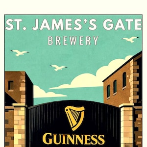 May include: Framed print of the St. James's Gate Brewery in Dublin, Ireland. The image features a black gate with the Guinness logo, set against a blue sky with seagulls. The brewery name and location are displayed.