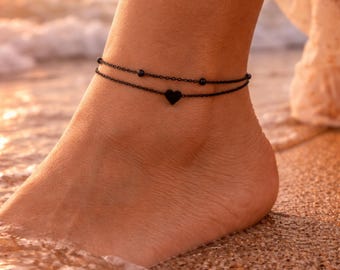 Black Heart Anklet, Minimalist Double Chain Ankle Bracelet, Gothic Foot Jewelry
