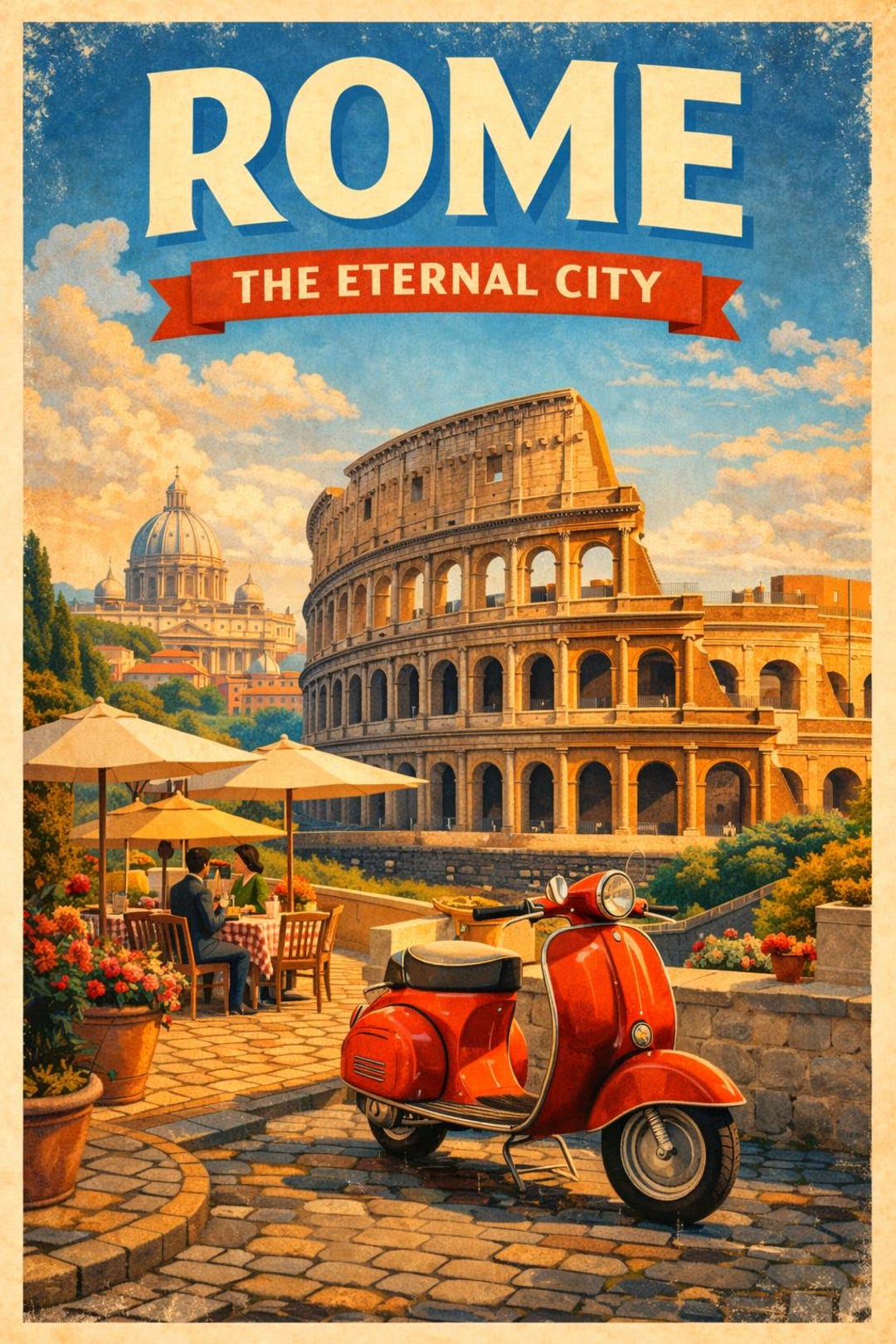 Vintage Rome Travel Poster – Colosseum, Vespa, Italian Cityscape ...