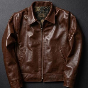 Peut inclure: Une veste en cuir marron avec une fermeture éclair argentée sur toute la longueur, un col pointu et deux poches latérales. La doublure intérieure présente un tissu noir avec un motif floral doré et une étiquette indiquant Johnson Leather.