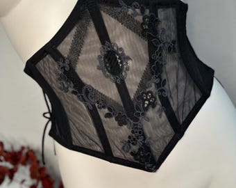 La Perla Black Embroidered Lace Up Back Luxury Lingerie - Sheer Designer Corset Belt Gothic Romantic Lingerie