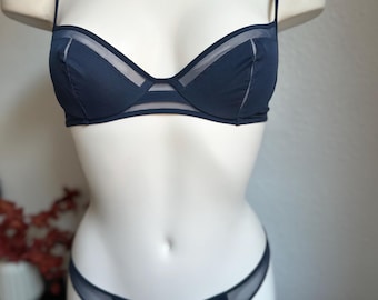 Designer Navy Blue Mesh Lingerie Set — Sheer Bra & Thong — Luxury Minimal Lingerie