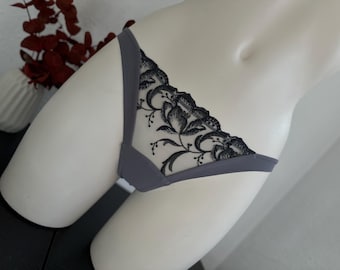 La Perla Grey & Black Embroidered Thong – Sheer Mesh Floral Lace