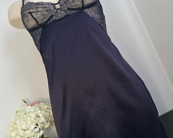 Luxury Silk Baby Doll Nightwear Navy Blue Silver Lace XS Designer Lingerie Slip