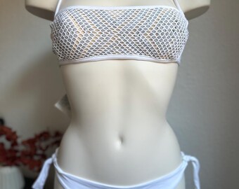 Designer White Mesh Bikini Set — Luxury Swimwear — Silver Detail — Adjustable Fit