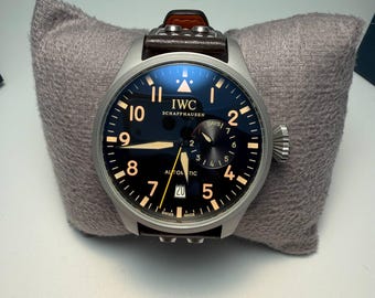 Reloj IWC vintage automático de acero inoxidable, esfera azul y correa marrón para hombre. Regalo de cumpleaños y aniversario.